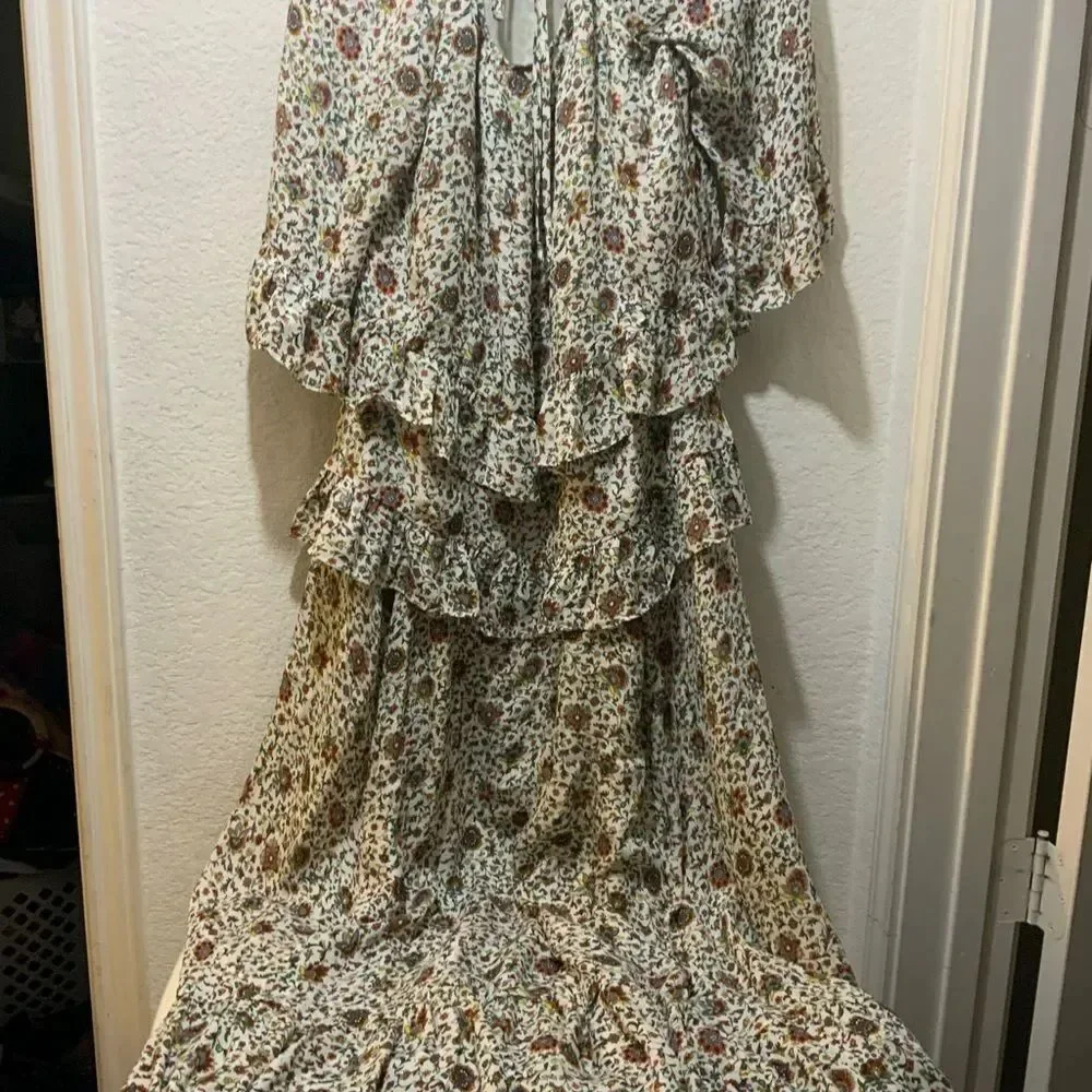 TORY BURCH Ivory Paisley Printed Ruffle Maxi Long Silk Dress 3/4 Sleeves NWOT
